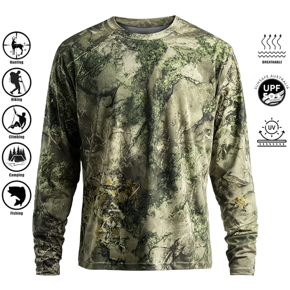 3D Printing Custom - メンズ長袖Tシャツ、ポリエステル素材、3Dプリント迷彩柄、UPF50+の紫外線カット機能、クルーネック、通気性、釣り、狩猟、ハイキング、アウトドアに最適なトップス。